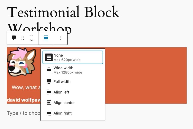 a screenshot of the testimonial block backend, showing the block alignment options